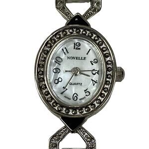 Vtg Novelle Silver Tone Quartz Faux Marcasite Black Enamel Band Women's Watch